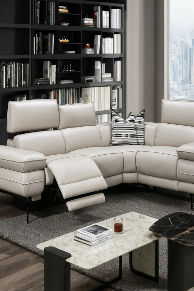 Диван секционный кожаный на деревянном каркасе с регулирующимся креслом-реклайнером , LNM185_1